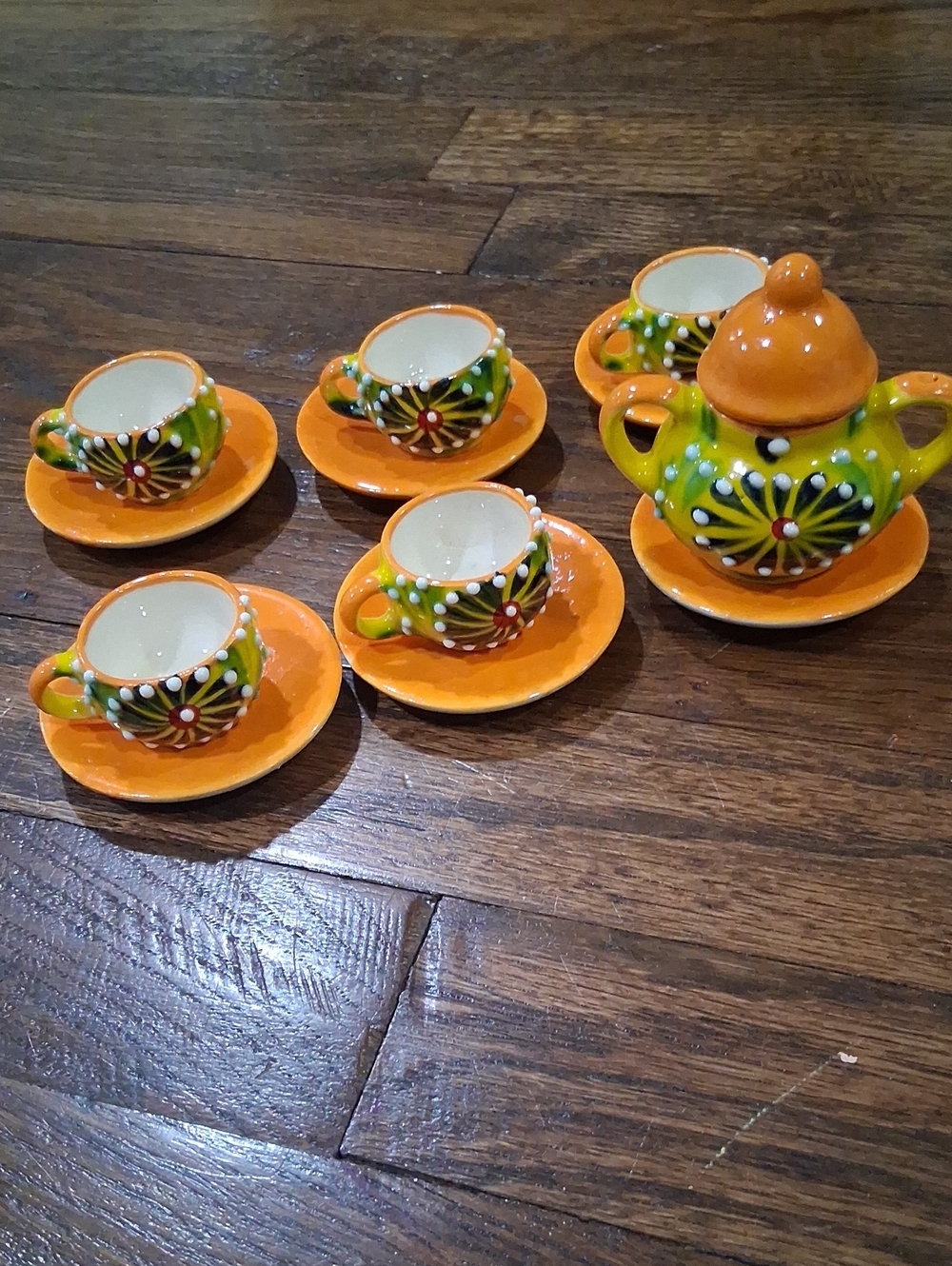 Hand-Painted Mini Tea Set - Orange & Green